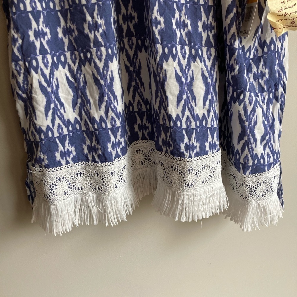 NWT One World Blue Print Off Shoulder Cold Shoulder Fringe Top S - Picture 7 of 13